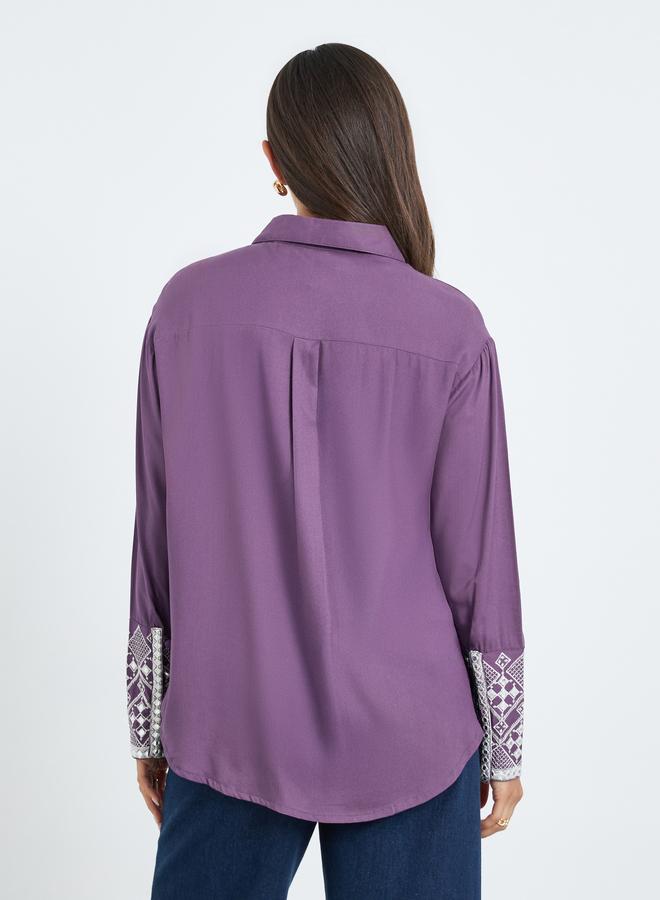 Styli Women Purple Embroidered Cuff Long Sleeve Shirt - Image 3